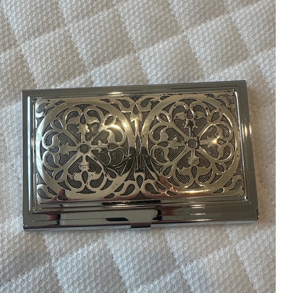 Brighton Silver Filigree Business Card Holder with Mirror Heart Logo Case